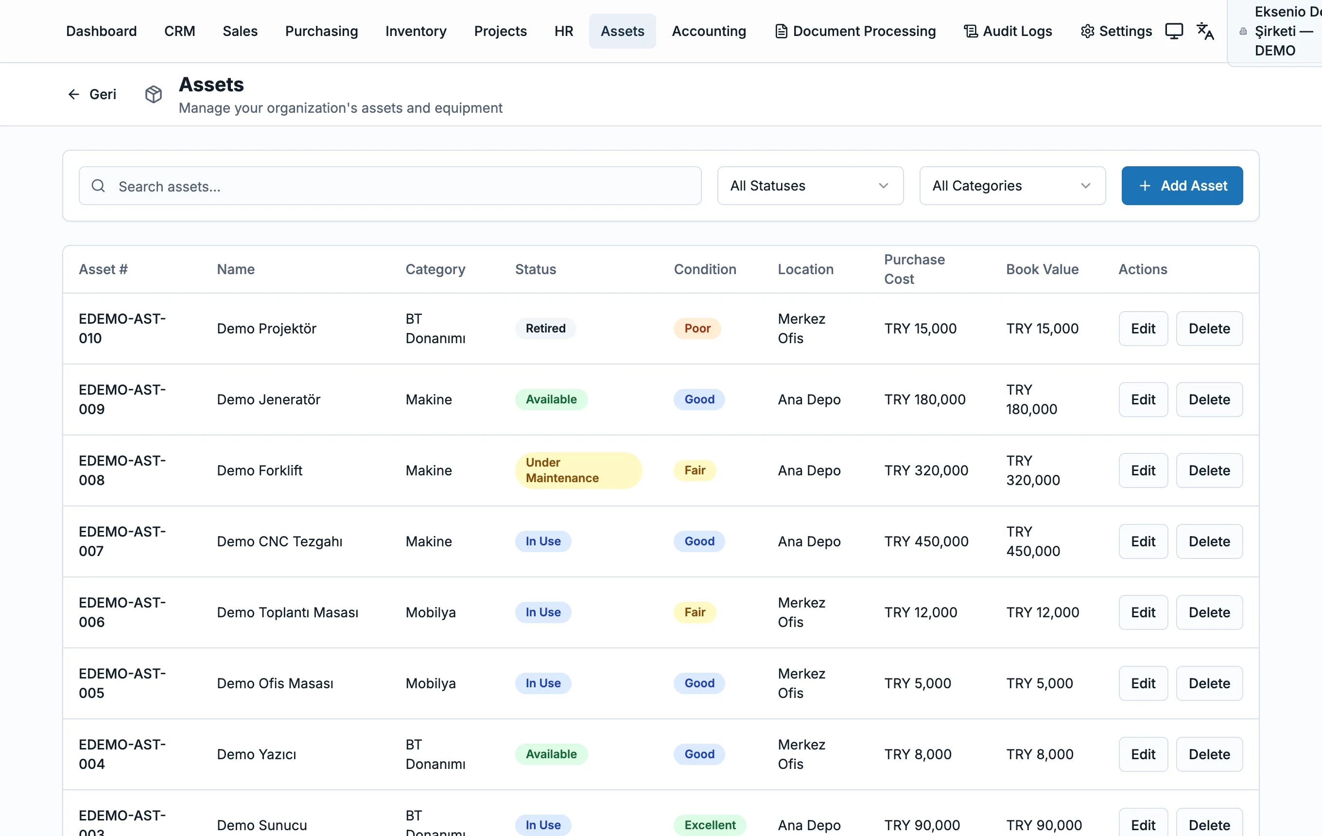 Eksenio asset management screen: asset records, status, location and book values.