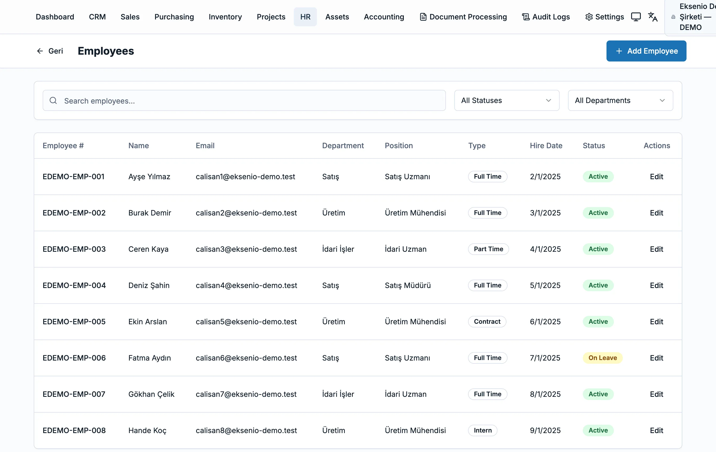 Eksenio HR employees list: synthetic employee records, department, position and status.