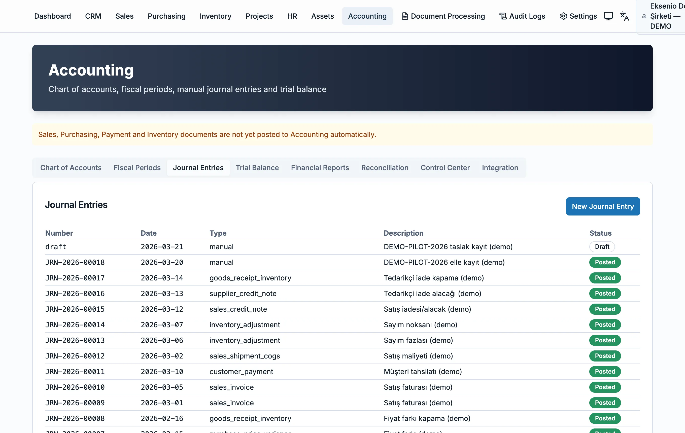 Eksenio accounting module: journal entries list with chart of accounts, trial balance and financial reports tabs.