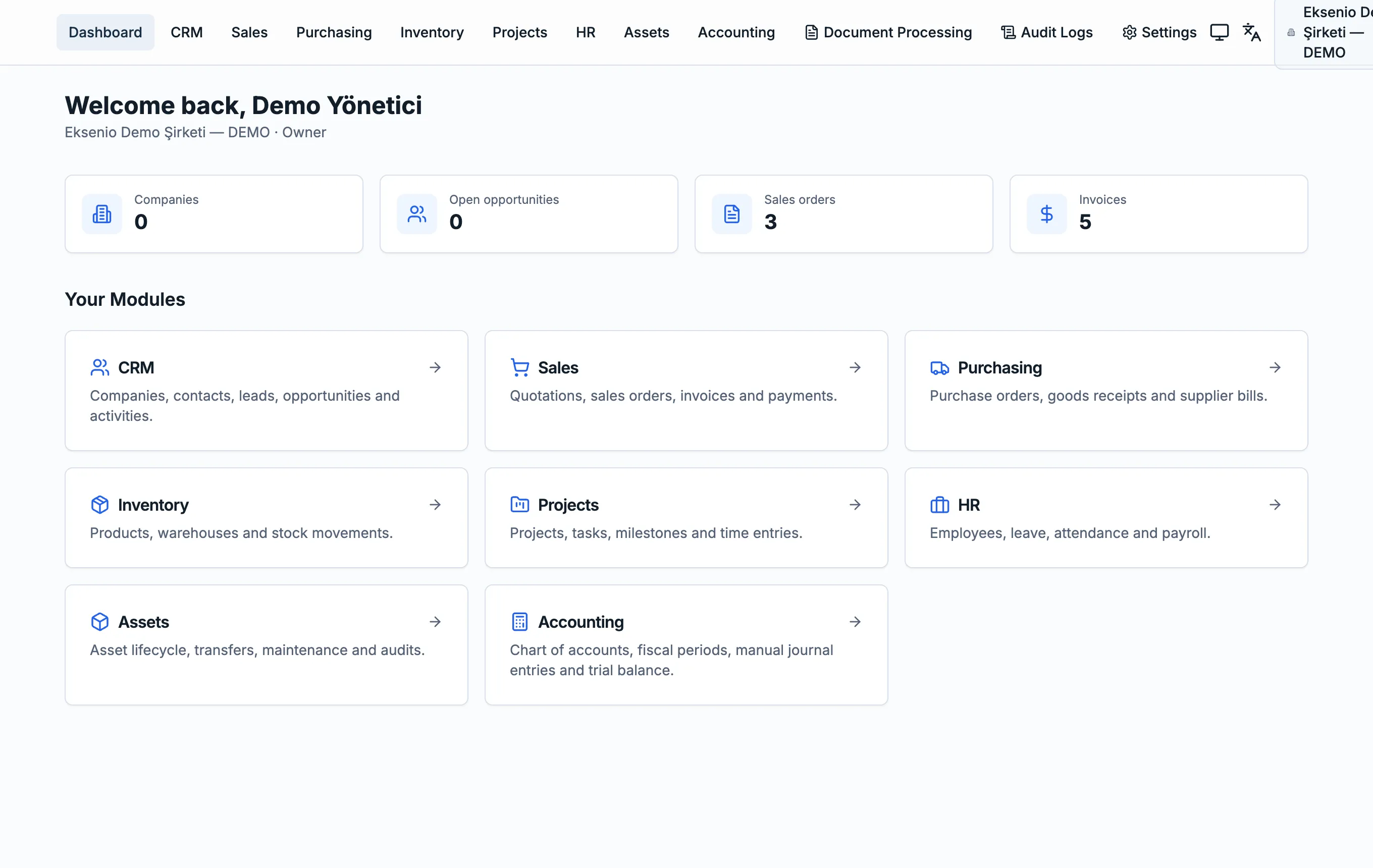 Eksenio dashboard screen: the synthetic demo company's sales order and invoice summary tiles with module cards.