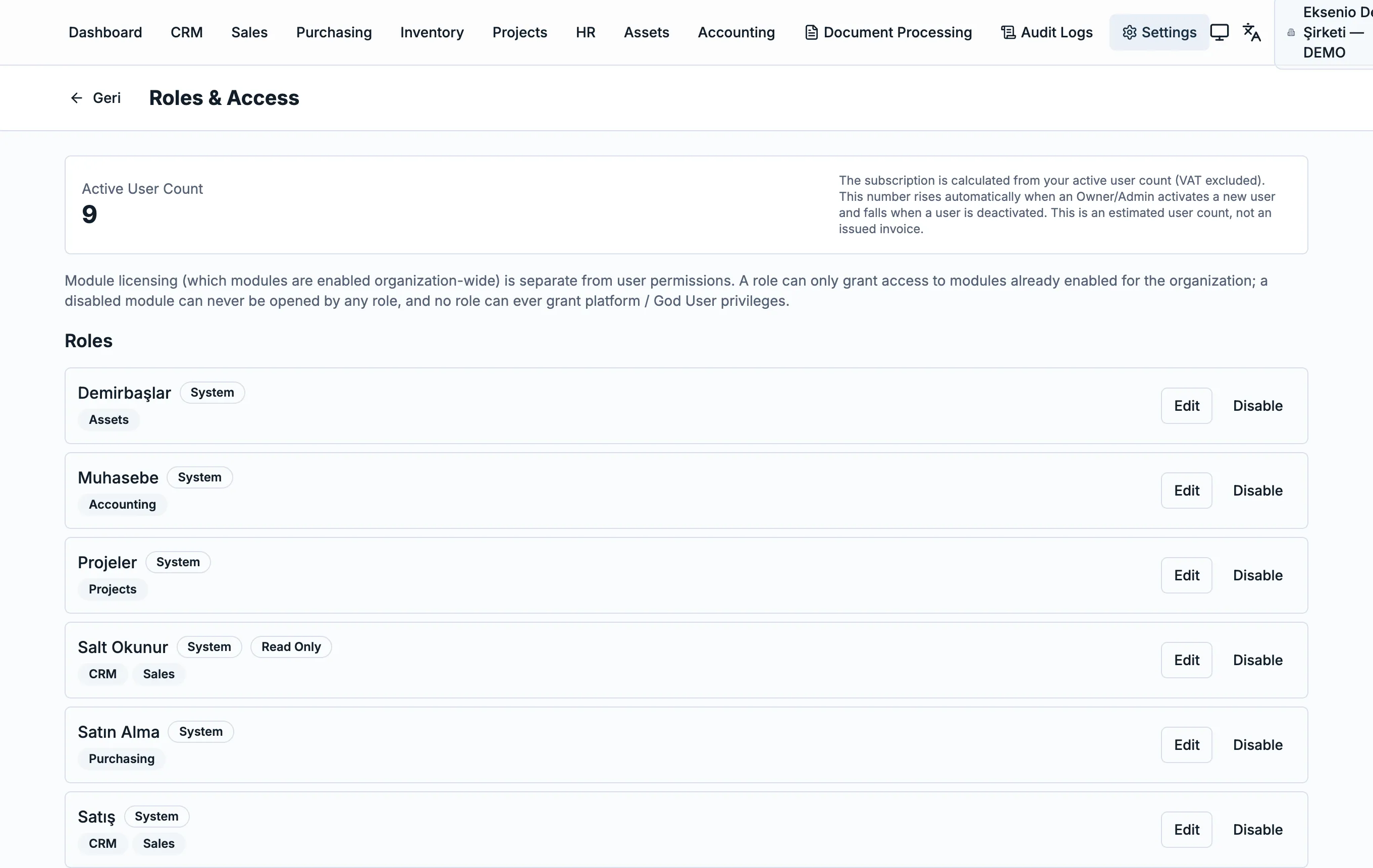 Eksenio roles and access screen: active user count card and module-scoped role definitions.