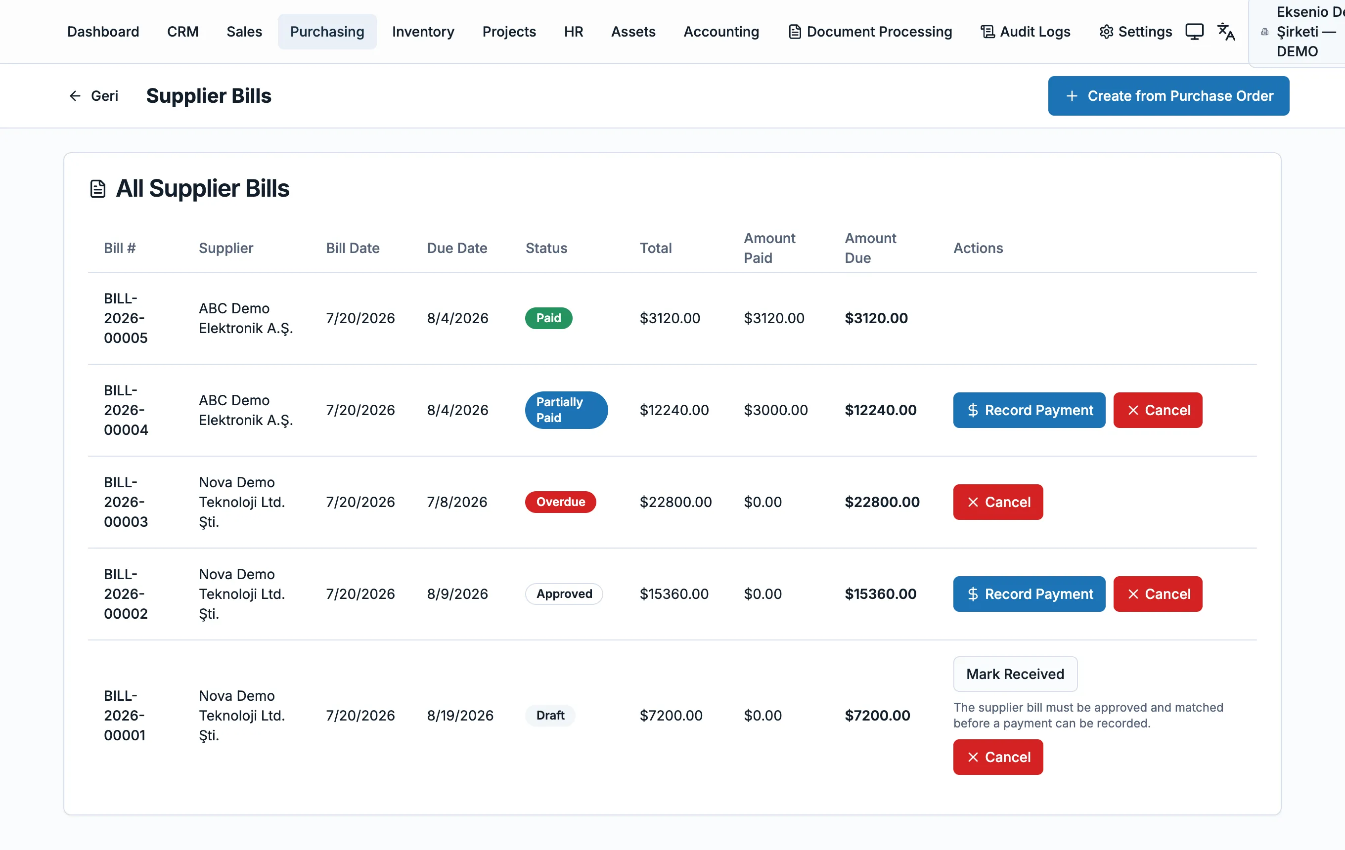 Eksenio supplier bills screen: purchase bills, due dates and payment statuses.